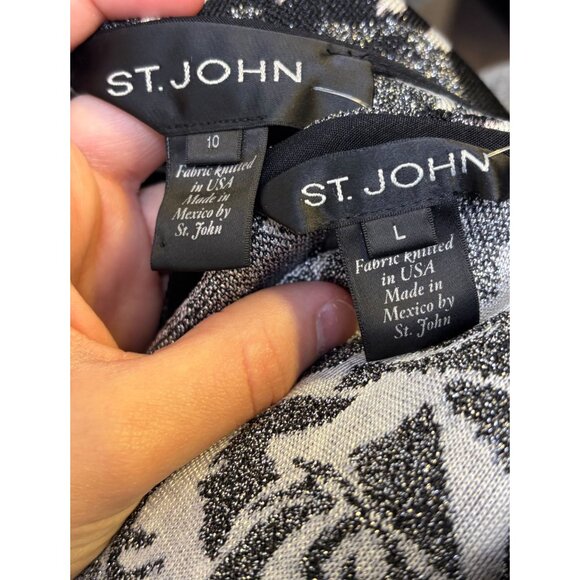 St. John Black & Silver Floral Print Sweater Set Size 10/L 2p - Picture 13 of 13